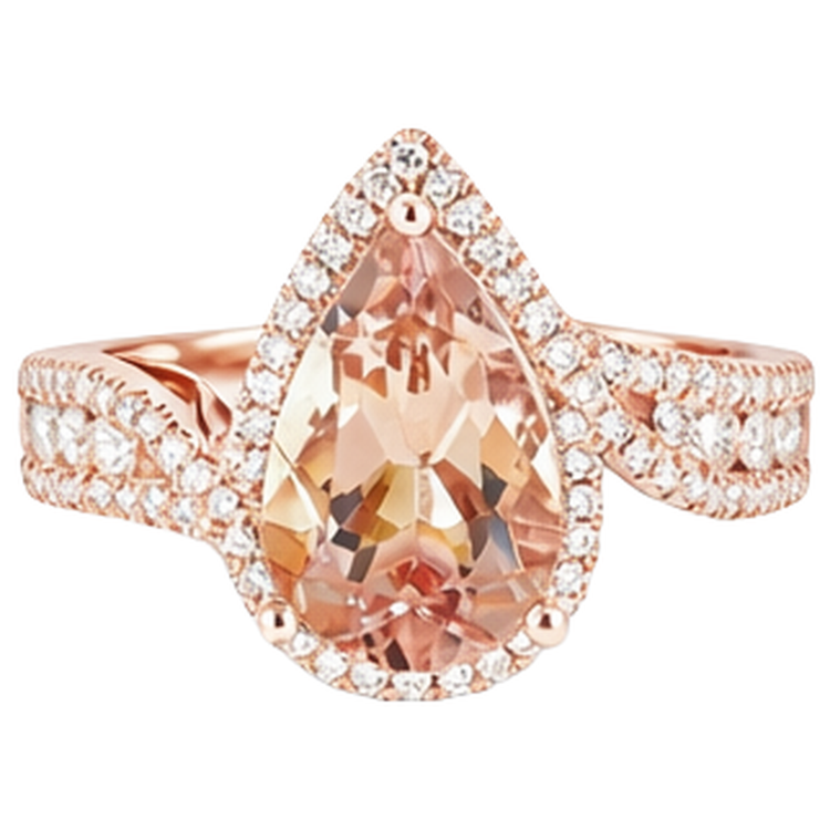 Bague Morganite Poire 9 Carats Avec Diamants Naturels Extraits des Mines ( et non cultivés en laboratoire ) Ronds Or Rose 14K