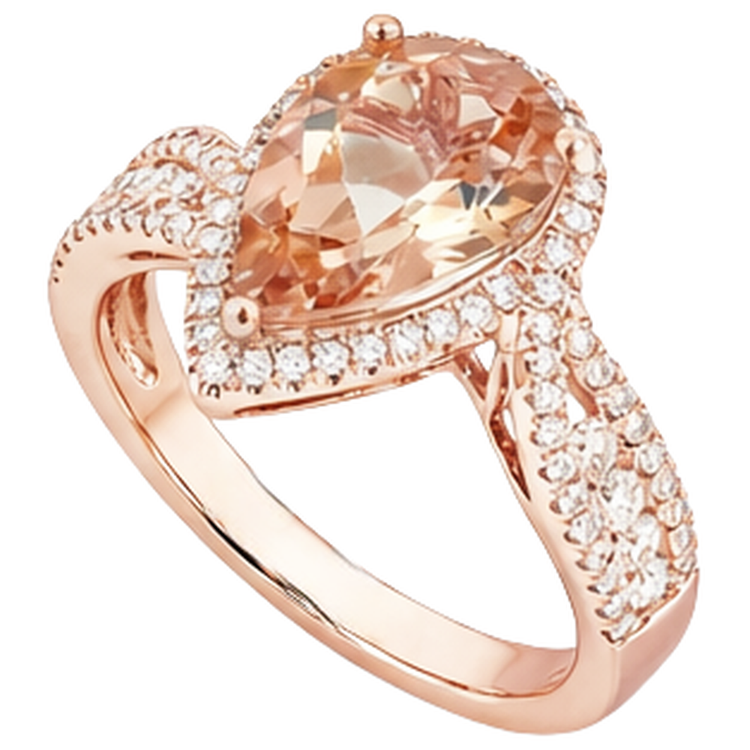 Bague Morganite Poire 9 Carats Avec Diamants Naturels Extraits des Mines ( et non cultivés en laboratoire ) Ronds Or Rose 14K