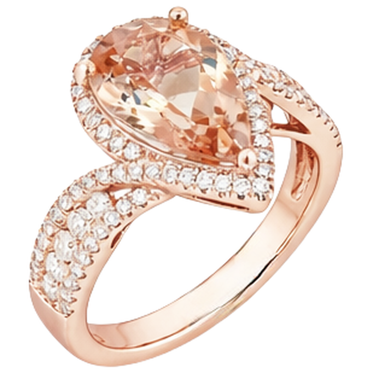 Bague Morganite Poire 9 Carats Avec Diamants Naturels Extraits des Mines ( et non cultivés en laboratoire ) Ronds Or Rose 14K