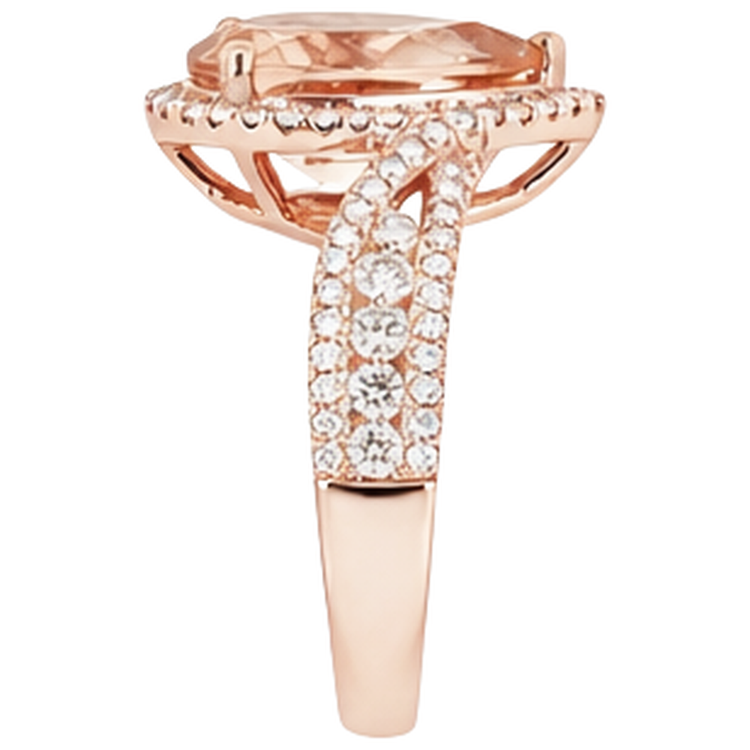 Bague Morganite Poire 9 Carats Avec Diamants Naturels Extraits des Mines ( et non cultivés en laboratoire ) Ronds Or Rose 14K