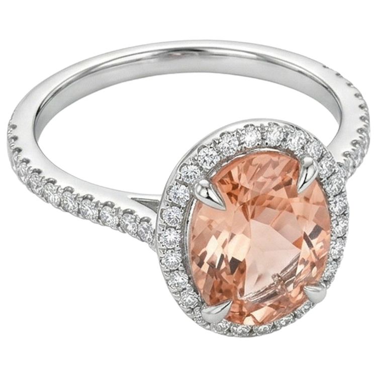 Bague Morganite Ronde Et Diamants Naturels Extraits des Mines ( et non cultivés en laboratoire ) 11.35 Carats Or Blanc 14K