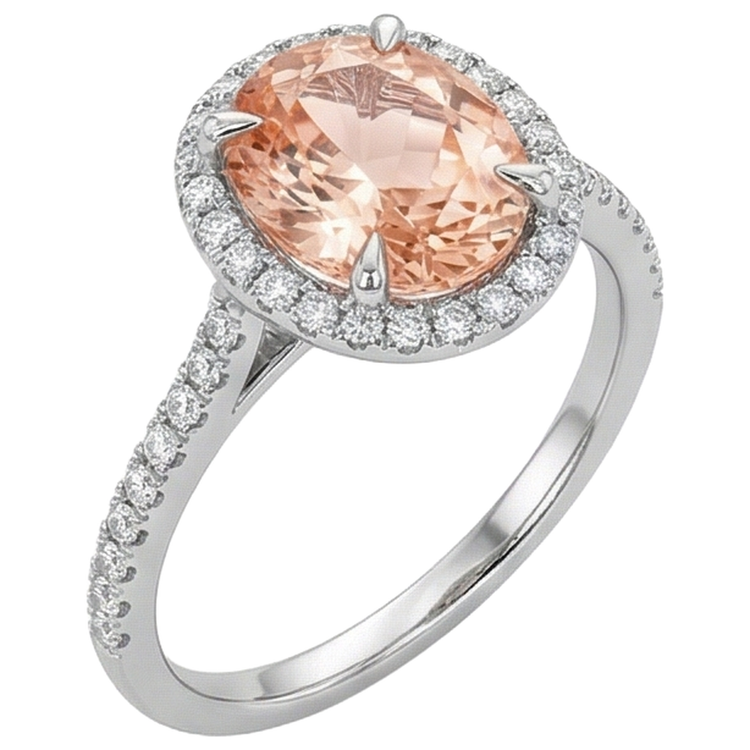 Bague Morganite Ronde Et Diamants Naturels Extraits des Mines ( et non cultivés en laboratoire ) 11.35 Carats Or Blanc 14K