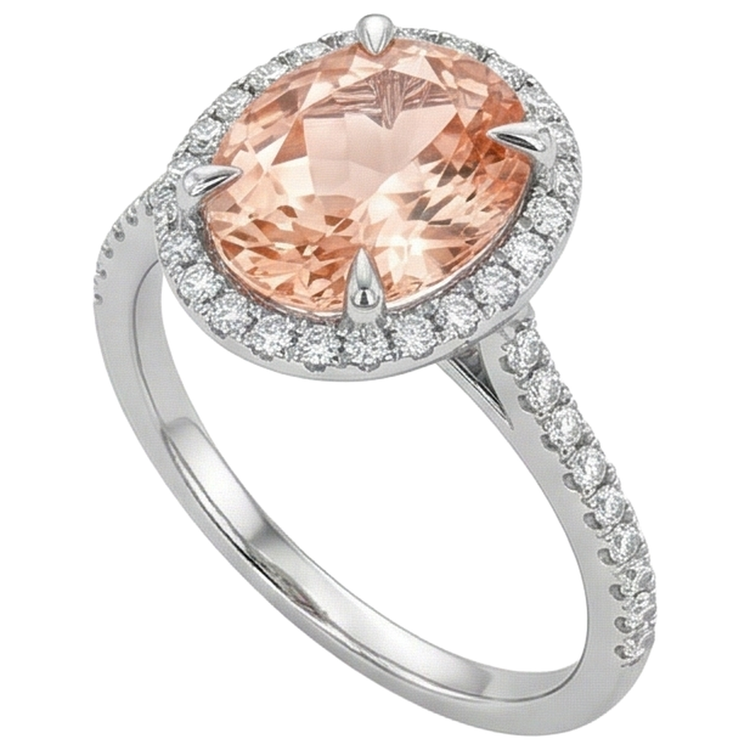 Bague Morganite Ronde Et Diamants Naturels Extraits des Mines ( et non cultivés en laboratoire ) 11.35 Carats Or Blanc 14K