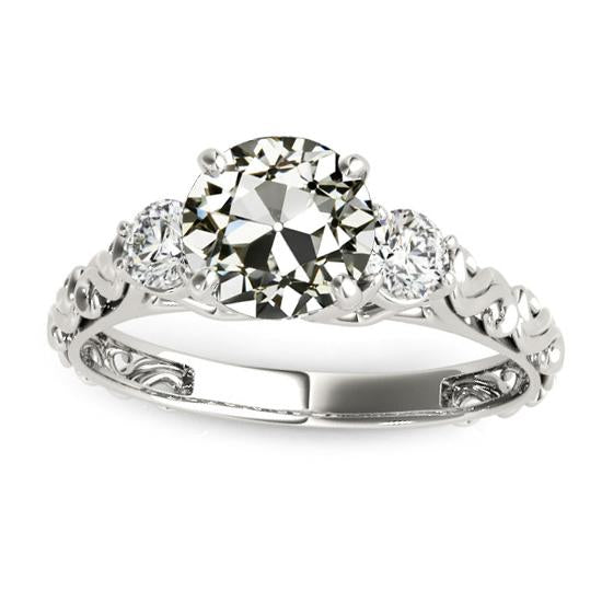 Bague Naturel Diamant Rond 3 Pierres Anciennes Taille Mine Style Vintage 3 Carats