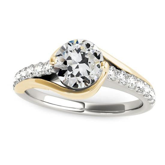 Bague Naturel Diamant Rond Taille Ancienne Tige Torsadée Deux Tons 4 Carats