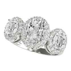 Bague Naturel Diamant Taille Ancienne Ovale Style Halo 3 Pierres En Or Blanc 9.50 Carats