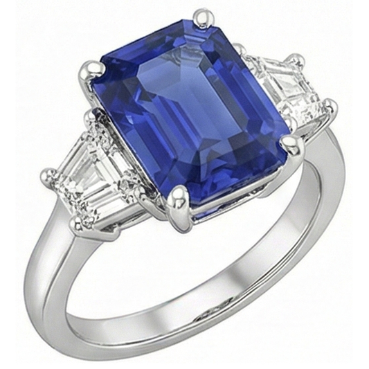 Bague Or 3 Pierres Emeraude Saphir Bleu & Diamants Trapèze 4 Carats