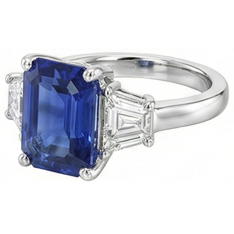 Bague Or 3 Pierres Emeraude Saphir Bleu & Diamants Trapèze 4 Carats