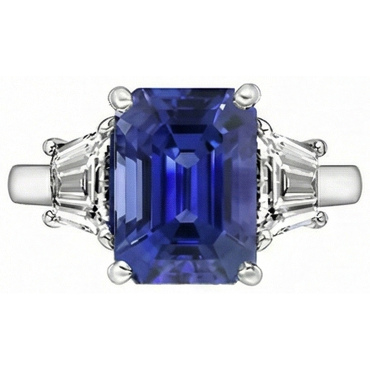 Bague Or 3 Pierres Emeraude Saphir Bleu & Diamants Trapèze 4 Carats