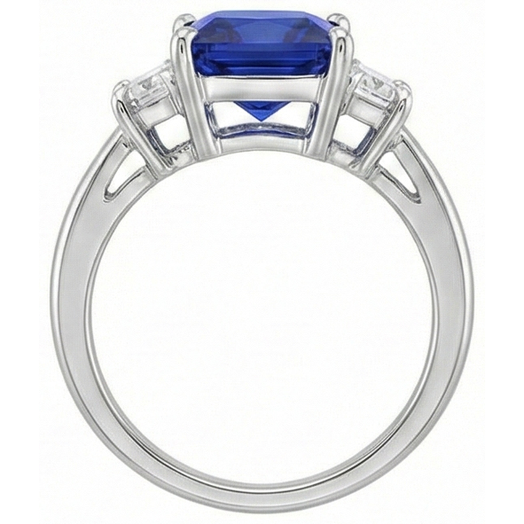 Bague Or 3 Pierres Saphir Bleu Princesse & Diamants Naturels Extraits des Mines ( et non cultivés en laboratoire ) Trapèze 4 Carats