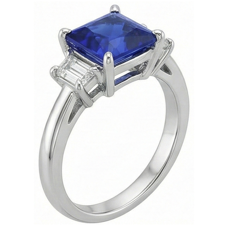 Bague Or 3 Pierres Saphir Bleu Princesse & Diamants Naturels Extraits des Mines ( et non cultivés en laboratoire ) Trapèze 4 Carats