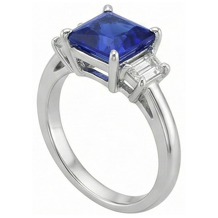 Bague Or 3 Pierres Saphir Bleu Princesse & Diamants Naturels Extraits des Mines ( et non cultivés en laboratoire ) Trapèze 4 Carats