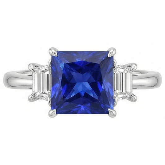 Bague Or 3 Pierres Saphir Bleu Princesse & Diamants Naturels Extraits des Mines ( et non cultivés en laboratoire ) Trapèze 4 Carats