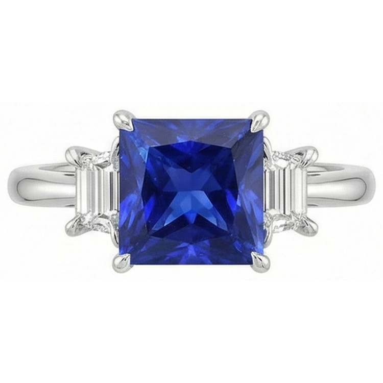 Bague Or 3 Pierres Saphir Bleu Princesse & Diamants Naturels Extraits des Mines ( et non cultivés en laboratoire ) Trapèze 4 Carats
