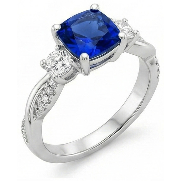 Bague Or 3 Pierres Style Coussin Saphir Bleu Avec Accents 2.75 Carats