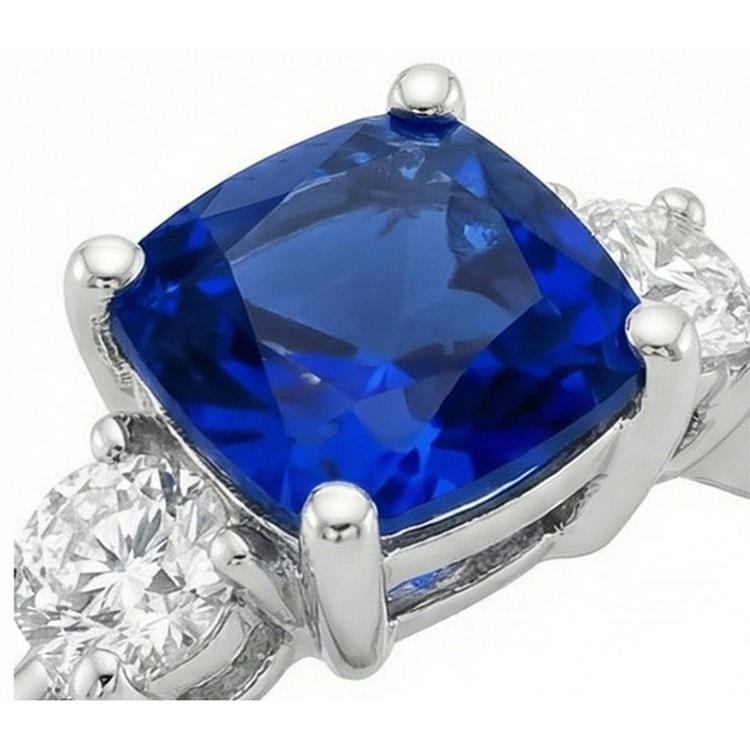 Bague Or 3 Pierres Style Coussin Saphir Bleu Avec Accents 2.75 Carats