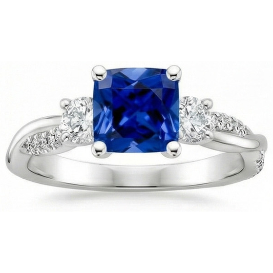 Bague Or 3 Pierres Style Coussin Saphir Bleu Avec Accents 2.75 Carats