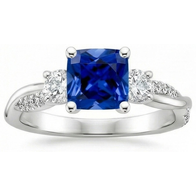 Bague Or 3 Pierres Style Coussin Saphir Bleu Avec Accents 2.75 Carats