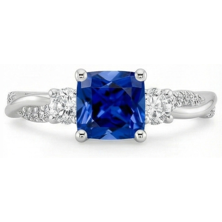 Bague Or 3 Pierres Style Coussin Saphir Bleu Avec Accents 2.75 Carats