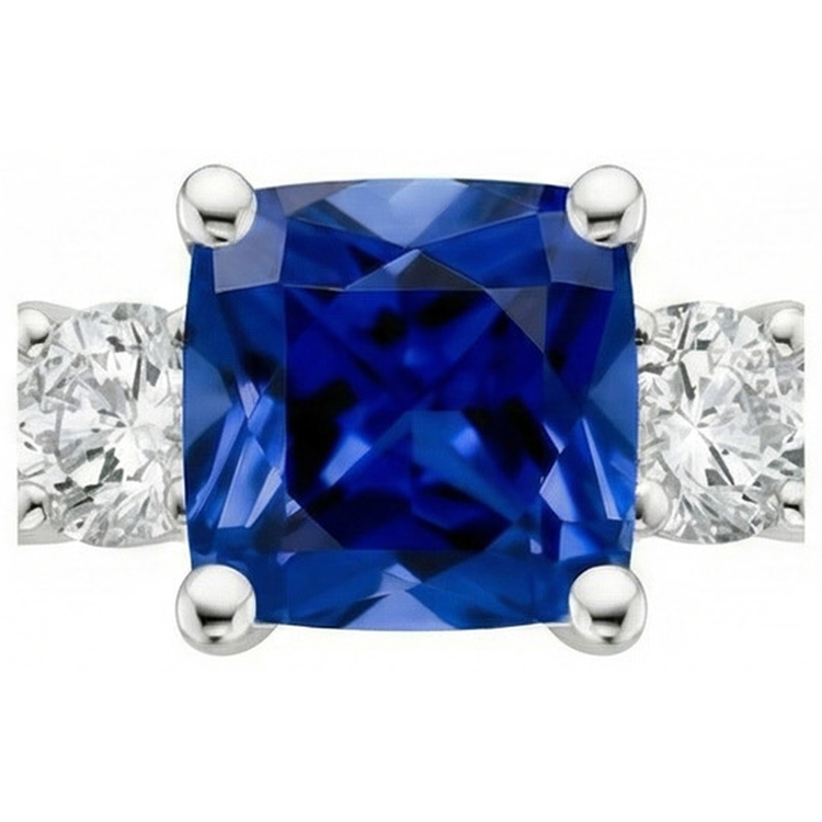 Bague Or 3 Pierres Style Coussin Saphir Bleu Avec Accents 2.75 Carats