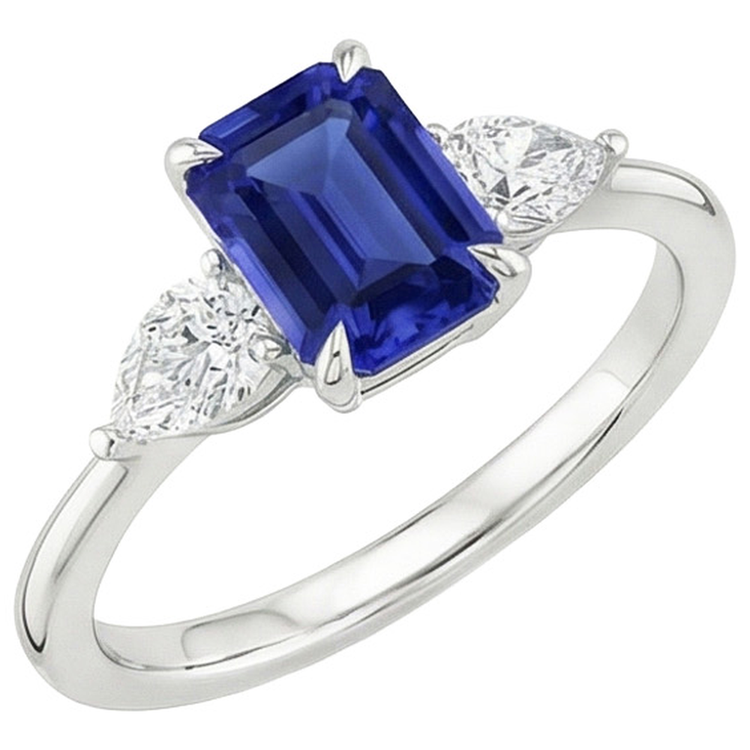 Bague Or 3 Pierres Taille Émeraude Saphir Bleu & Diamant Naturels Extraits des Mines ( et non cultivés en laboratoire ) Poire 3.50 Carats