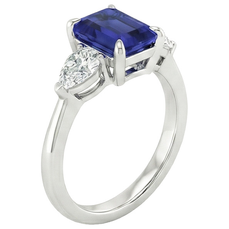 Bague Or 3 Pierres Taille Émeraude Saphir Bleu & Diamant Naturels Extraits des Mines ( et non cultivés en laboratoire ) Poire 3.50 Carats