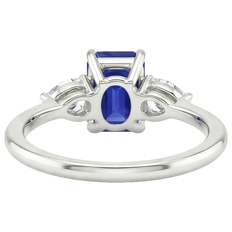 Bague Or 3 Pierres Taille Émeraude Saphir Bleu & Diamant Naturels Extraits des Mines ( et non cultivés en laboratoire ) Poire 3.50 Carats