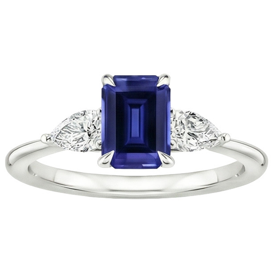 Bague Or 3 Pierres Taille Émeraude Saphir Bleu & Diamant Naturels Extraits des Mines ( et non cultivés en laboratoire ) Poire 3.50 Carats