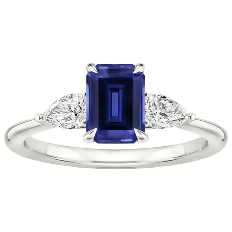 Bague Or 3 Pierres Taille Émeraude Saphir Bleu & Diamant Naturels Extraits des Mines ( et non cultivés en laboratoire ) Poire 3.50 Carats