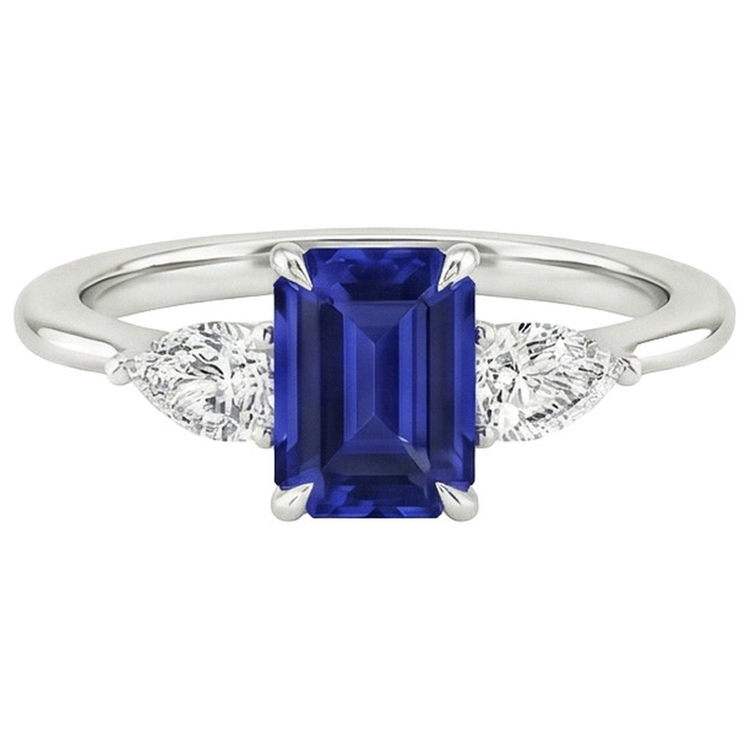 Bague Or 3 Pierres Taille Émeraude Saphir Bleu & Diamant Naturels Extraits des Mines ( et non cultivés en laboratoire ) Poire 3.50 Carats