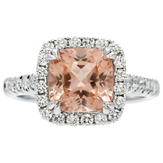 Bague Or Blanc 14K 11 Ct Coussin Morganite Et Diamants Naturels Extraits des Mines ( et non cultivés en laboratoire ) Neuf