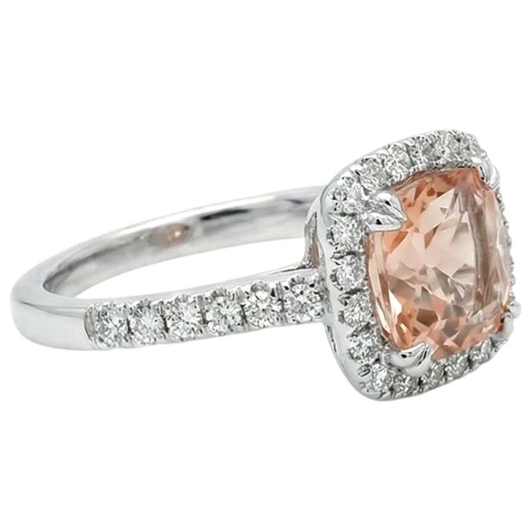 Bague Or Blanc 14K 11 Ct Coussin Morganite Et Diamants Naturels Extraits des Mines ( et non cultivés en laboratoire ) Neuf