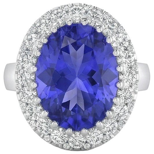Bague Or Blanc 14K 15 Ct Gros Tanzanite Et Petits Diamants Nouveau