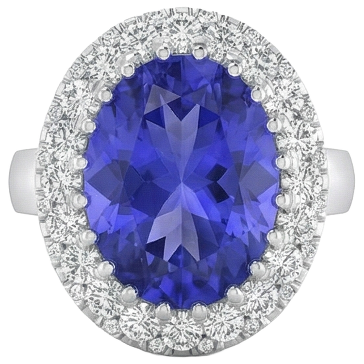 Bague Or Blanc 14K 15 Ct Gros Tanzanite Et Petits Diamants Nouveau