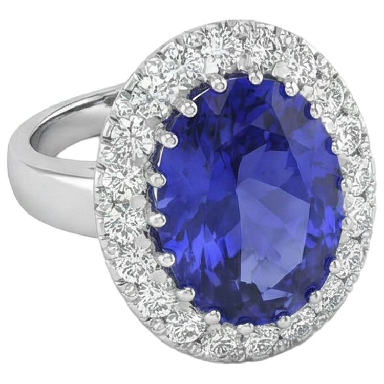 Bague Or Blanc 14K 15 Ct Gros Tanzanite Et Petits Diamants Nouveau