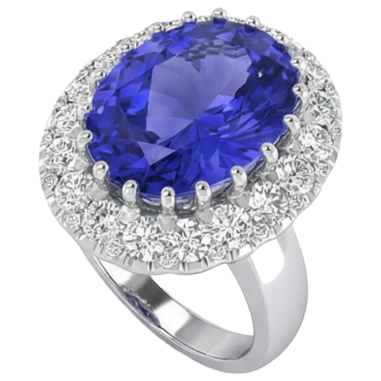 Bague Or Blanc 14K 15 Ct Gros Tanzanite Et Petits Diamants Nouveau