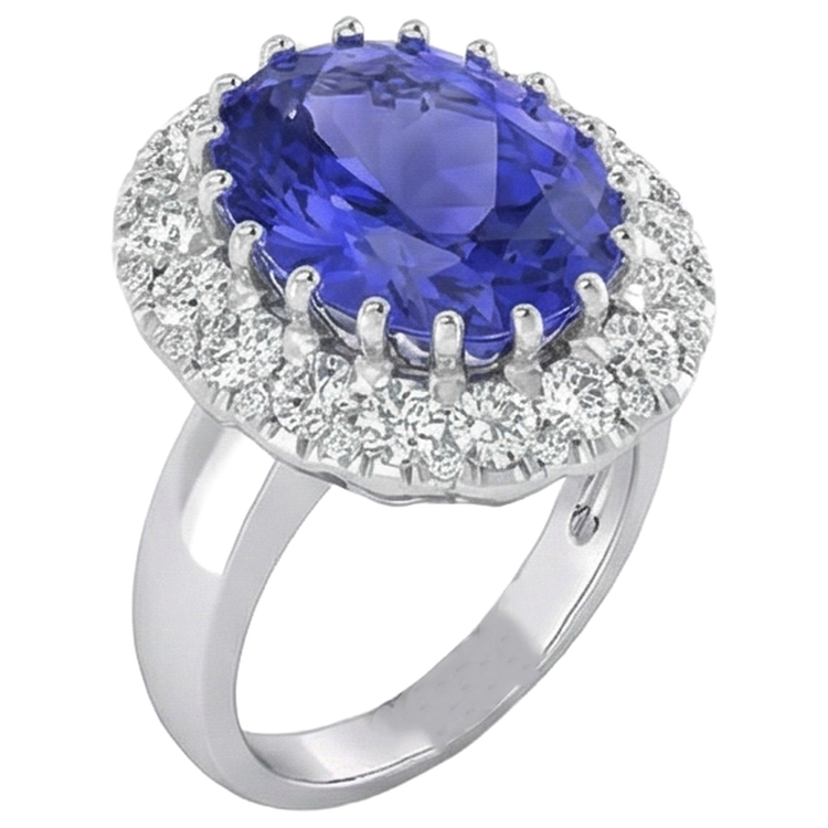 Bague Or Blanc 14K 15 Ct Gros Tanzanite Et Petits Diamants Nouveau