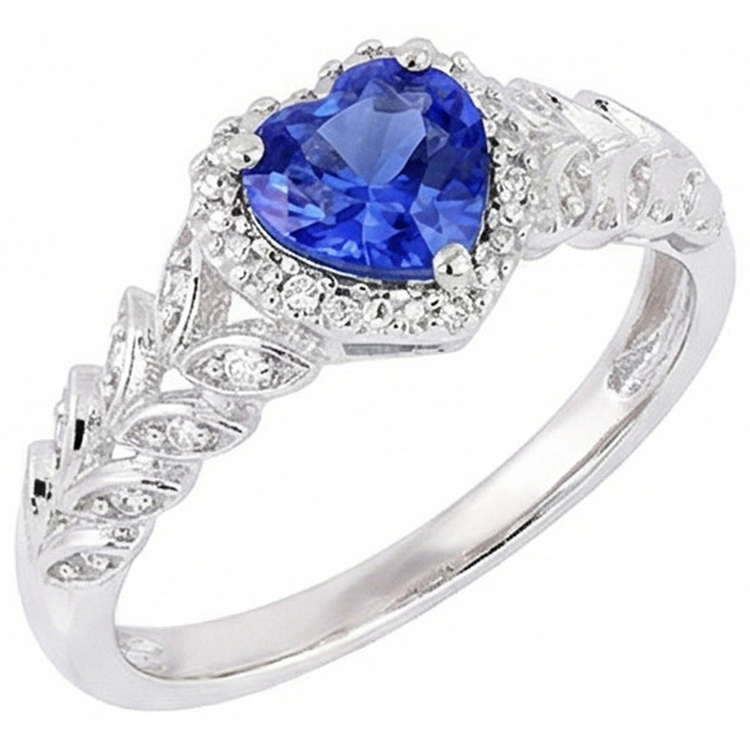 Bague Or Blanc Halo Coeur Saphir Bleu Style Feuille 2.50 Carats