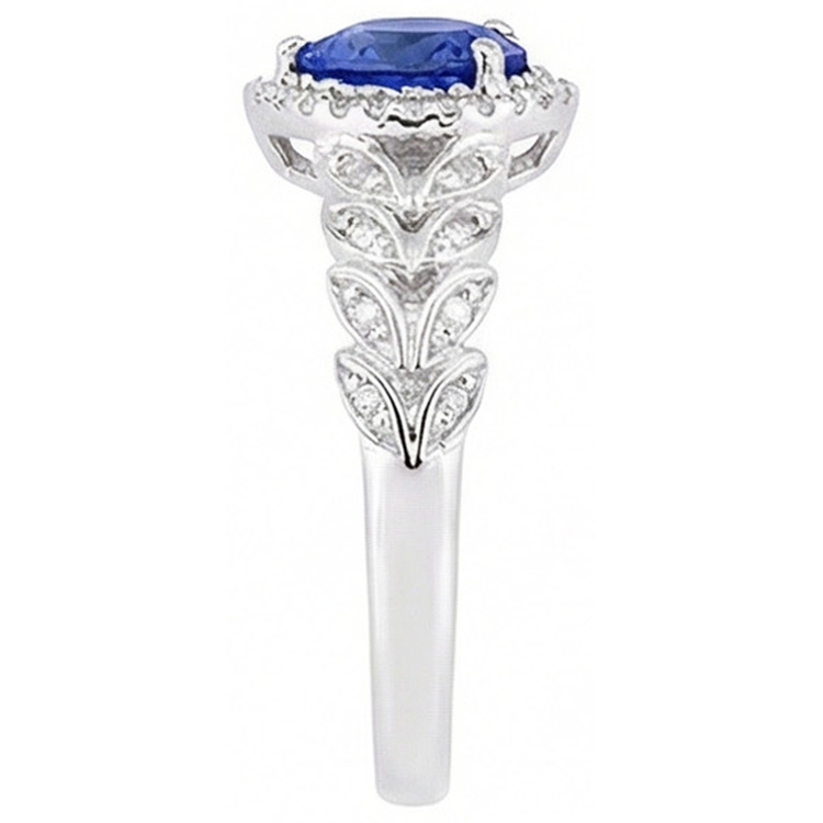 Bague Or Blanc Halo Coeur Saphir Bleu Style Feuille 2.50 Carats