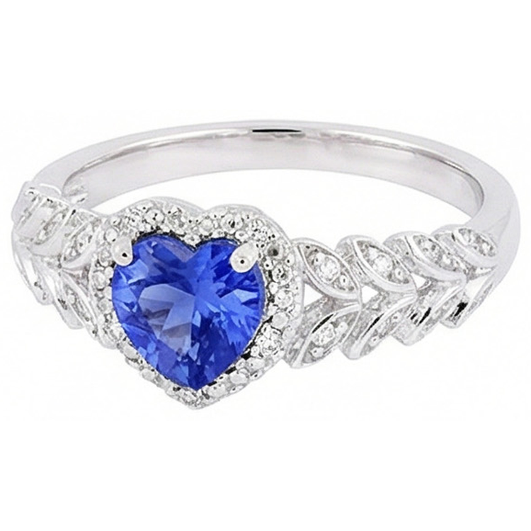Bague Or Blanc Halo Coeur Saphir Bleu Style Feuille 2.50 Carats
