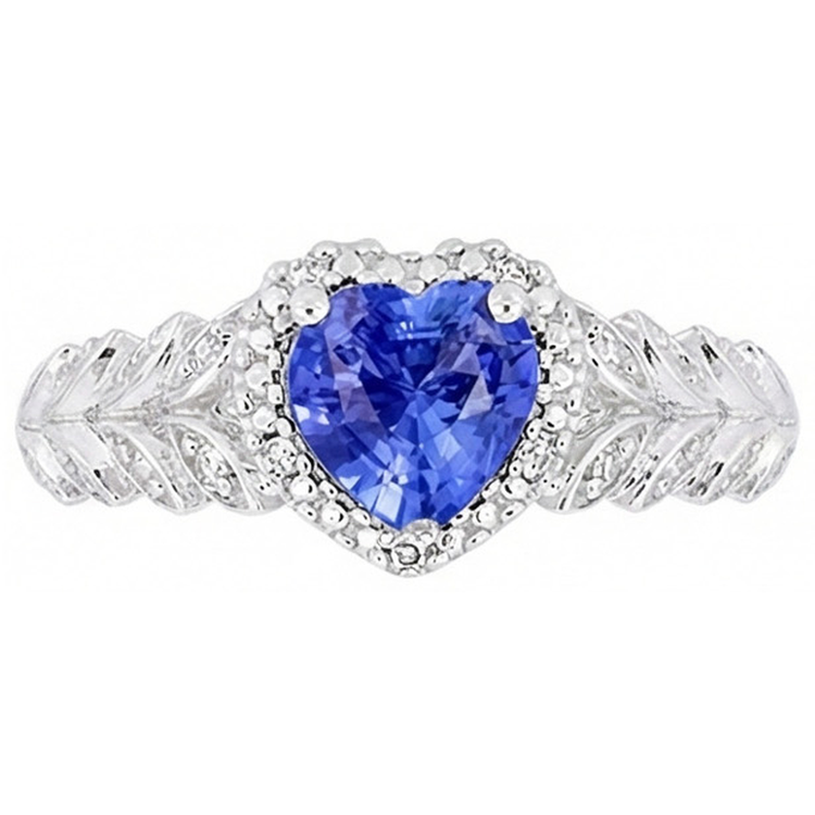Bague Or Blanc Halo Coeur Saphir Bleu Style Feuille 2.50 Carats