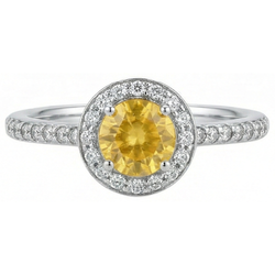 Bague Or Blanc Saphir Jaune Rond Et Halo Diamants Naturels Extraits des Mines ( et non cultivés en laboratoire ) 4.50 Carats