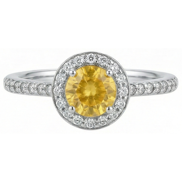 Bague Or Blanc Saphir Jaune Rond Et Halo Diamants Naturels Extraits des Mines ( et non cultivés en laboratoire ) 4.50 Carats