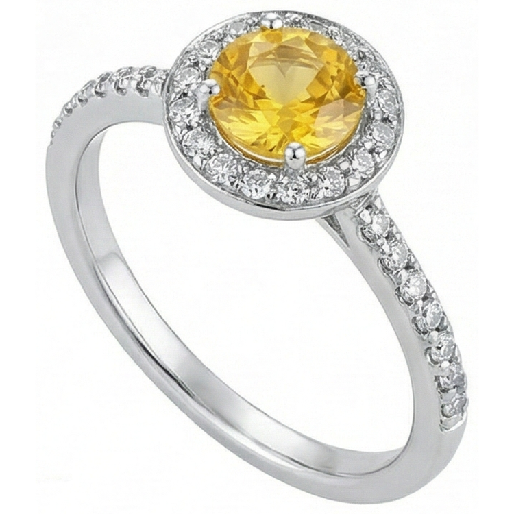 Bague Or Blanc Saphir Jaune Rond Et Halo Diamants Naturels Extraits des Mines ( et non cultivés en laboratoire ) 4.50 Carats