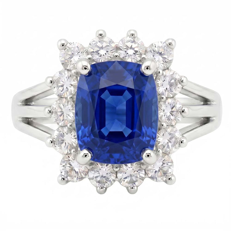 Bague Or Blanc Saphir Sri Lanka Coussin Diamants Naturels Extraits des Mines ( et non cultivés en laboratoire ) 6 Ct