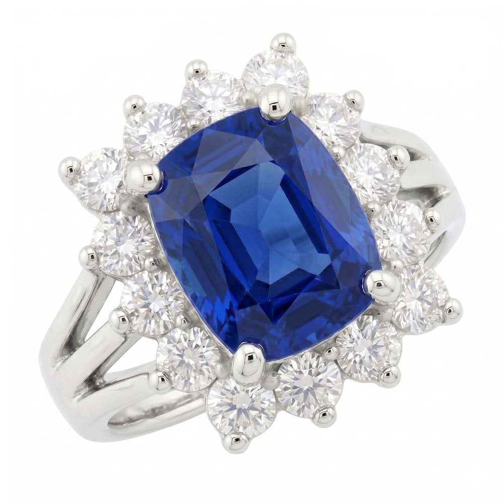 Bague Or Blanc Saphir Sri Lanka Coussin Diamants Naturels Extraits des Mines ( et non cultivés en laboratoire ) 6 Ct