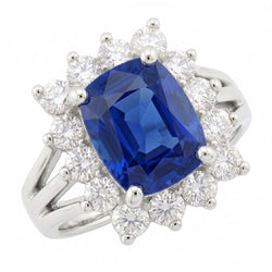 Bague Or Blanc Saphir Sri Lanka Coussin Diamants Naturels Extraits des Mines ( et non cultivés en laboratoire ) 6 Ct