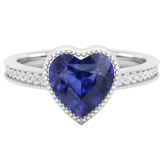 Bague Or Halo Lunette sertie Coeur Saphir Sri Lankais Bague 2 Carats Diamants