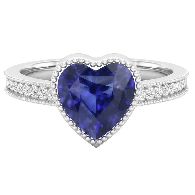 Bague Or Halo Lunette sertie Coeur Saphir Sri Lankais Bague 2 Carats Diamants