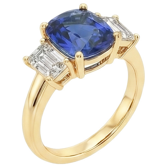 Bague Or Jaune 3 Pierres Coussin Saphir Ceylan & Diamants Naturels Extraits des Mines ( et non cultivés en laboratoire ) 9 Carats
